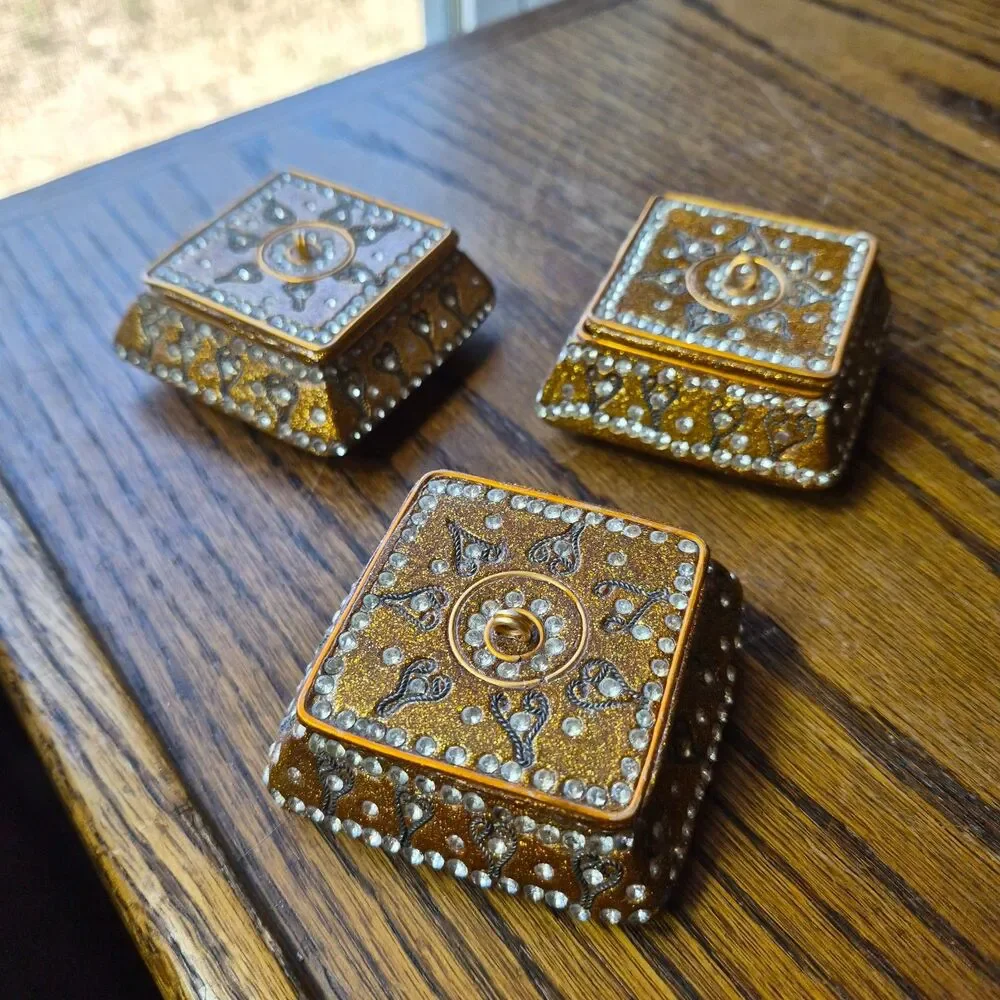 3 Vtg Pier 1 Jeweled Trinket Boxes Square Hexagon Jewelry Small 3x3x1 Gold Boho